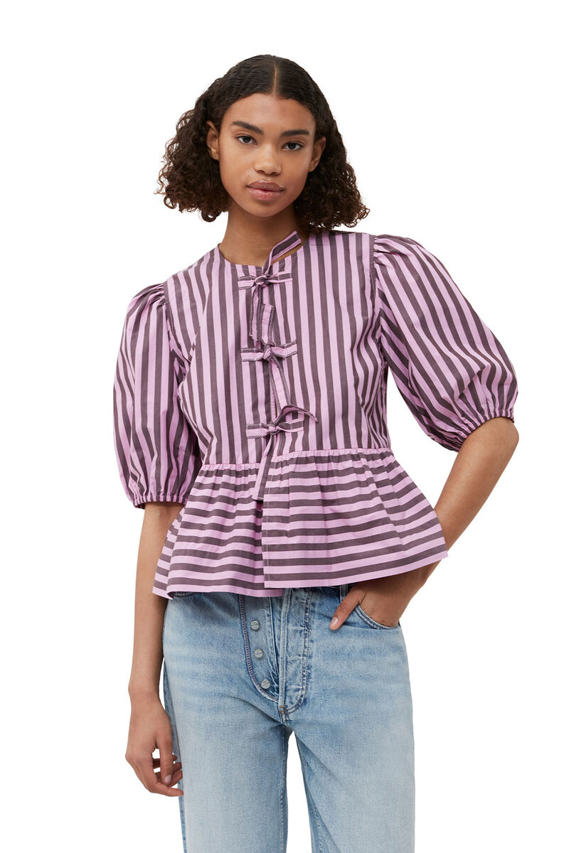 Striped Cotton Peplum Bluse, Cotton, in colour Bonbon - 4 - GANNI