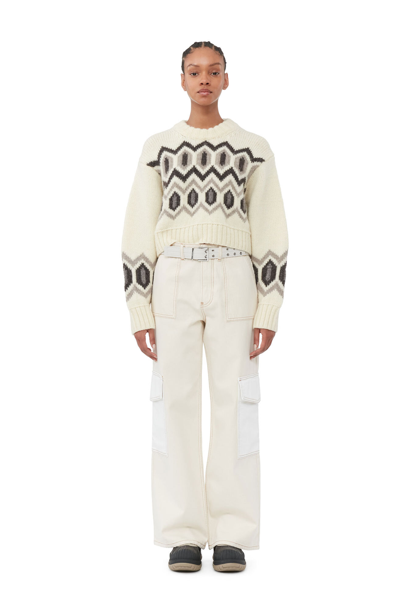 White Chunky Wool Cropped O-neck Sweater, Organic Wool, in colour Egret - 2 - GANNI