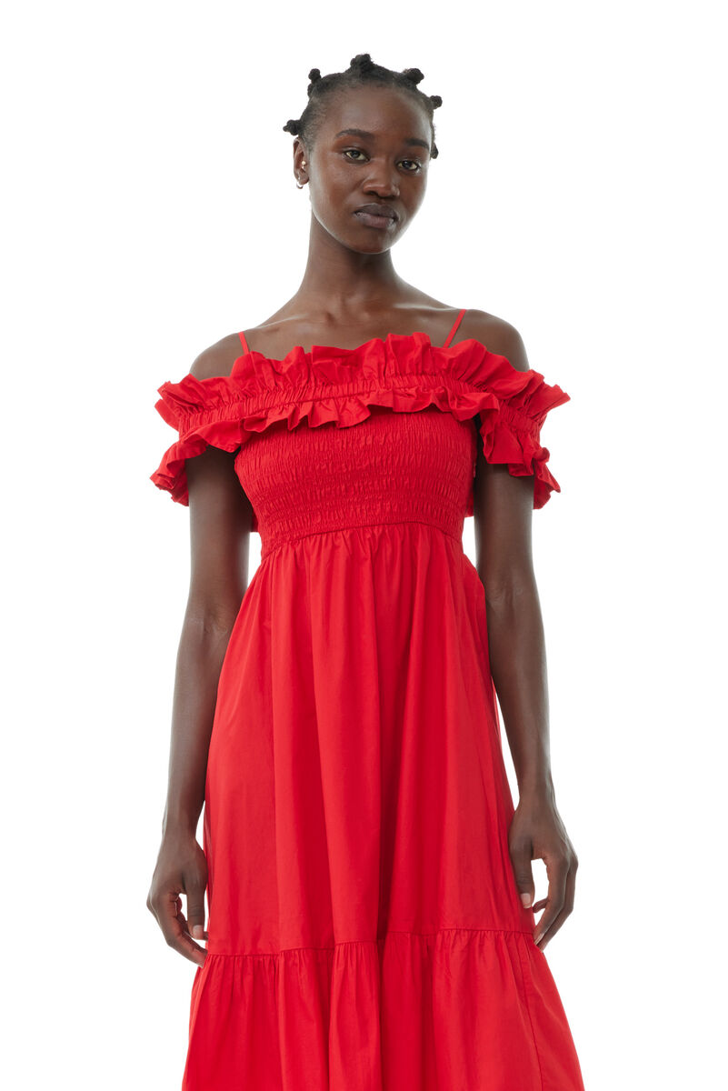 Red Cotton Poplin Long Smock klänning, Cotton, in colour Racing Red - 2 - GANNI