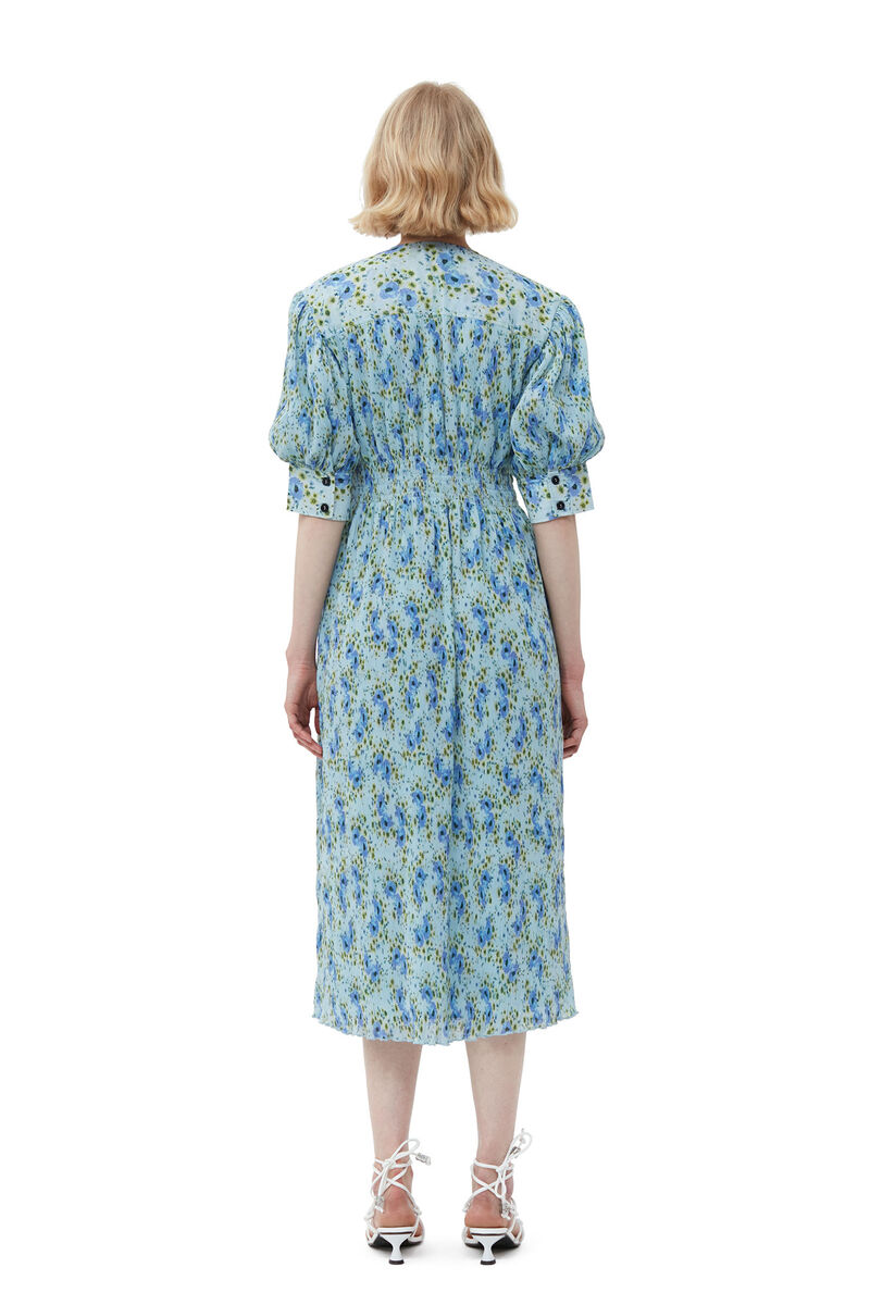 Pleated Georgette V-neck Smock Midi Dress, Recycled Polyester, in colour Ice Water - 2 - GANNI