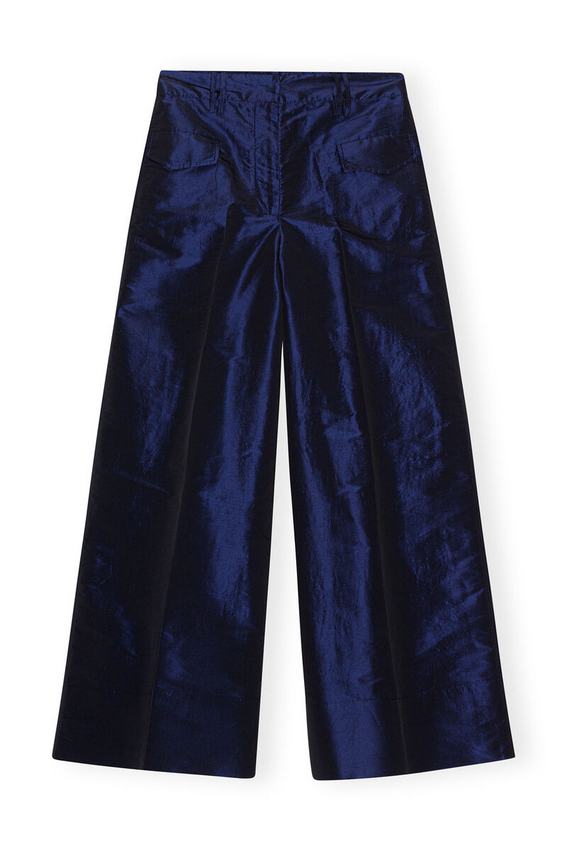 Blue Shiny Taffeta Wide High-waisted Trousers, Polyester, in colour Sodalite Blue - 1 - GANNI