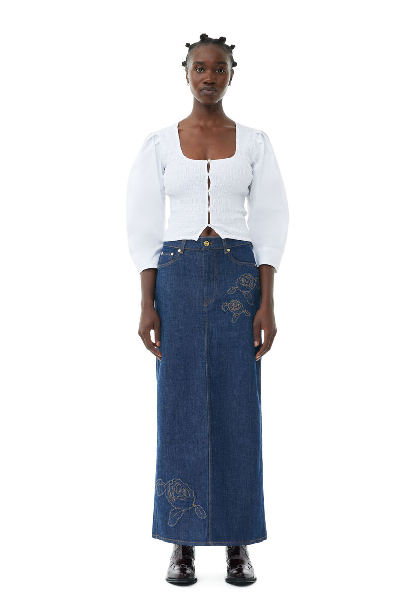 Denim Rose Maxi Skirt, Cotton, in colour Rinse - 1 - GANNI
