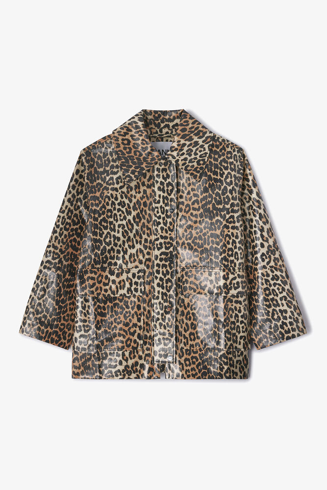 Lamineret bomuldsjakke med leopardprint, Almond Milk