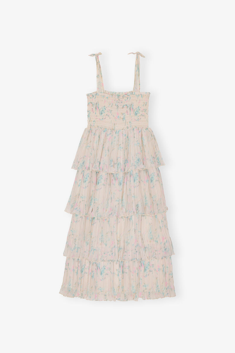Floral Printed Pleated Georgette Strap Smock Midi Dress, Recycled Polyester, in colour Tofu - 2 - GANNI