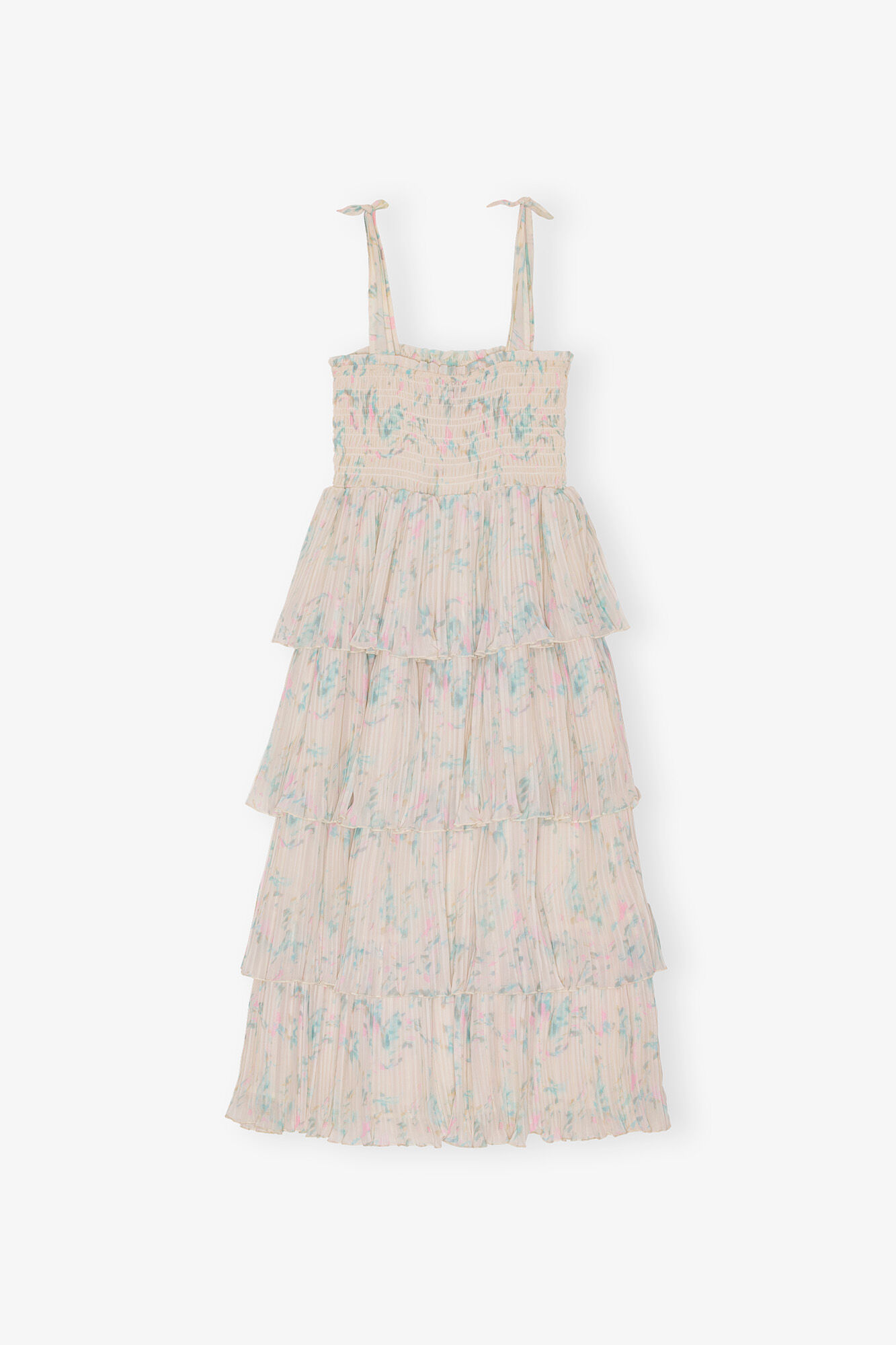 Floral Printed Pleated Georgette Strap Smock Midi Dress, Recycled Polyester, in colour Tofu - 2 - GANNI