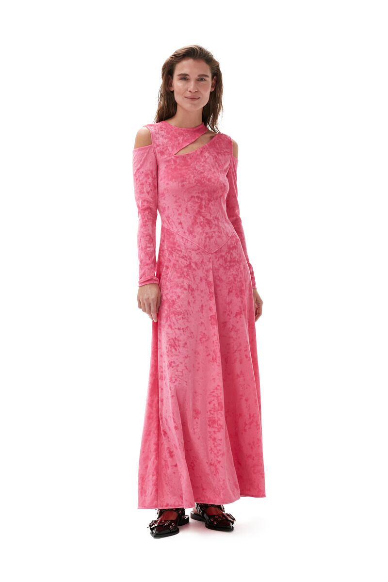Velvet Maxi Dress , Elastane, in colour Shocking Pink - 1 - GANNI