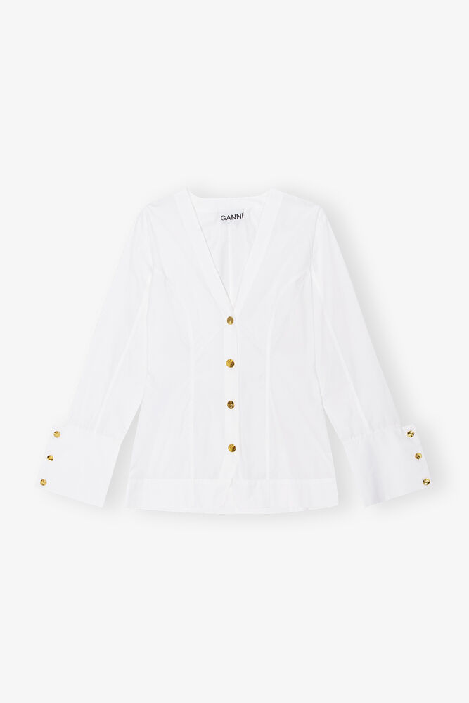 White Cotton Poplin V-neck Shirt, Bright White