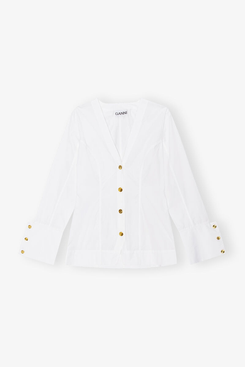 White Cotton Poplin V-neck Shirt, Cotton, in colour Bright White - 1 - GANNI