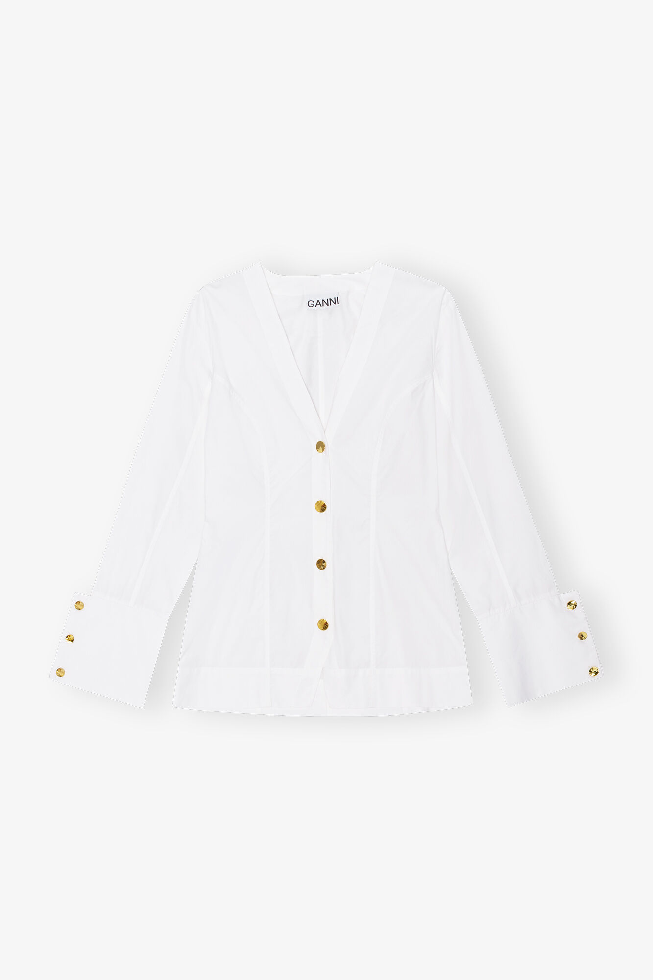 White Cotton Poplin V-neck Shirt, Cotton, in colour Bright White - 1 - GANNI