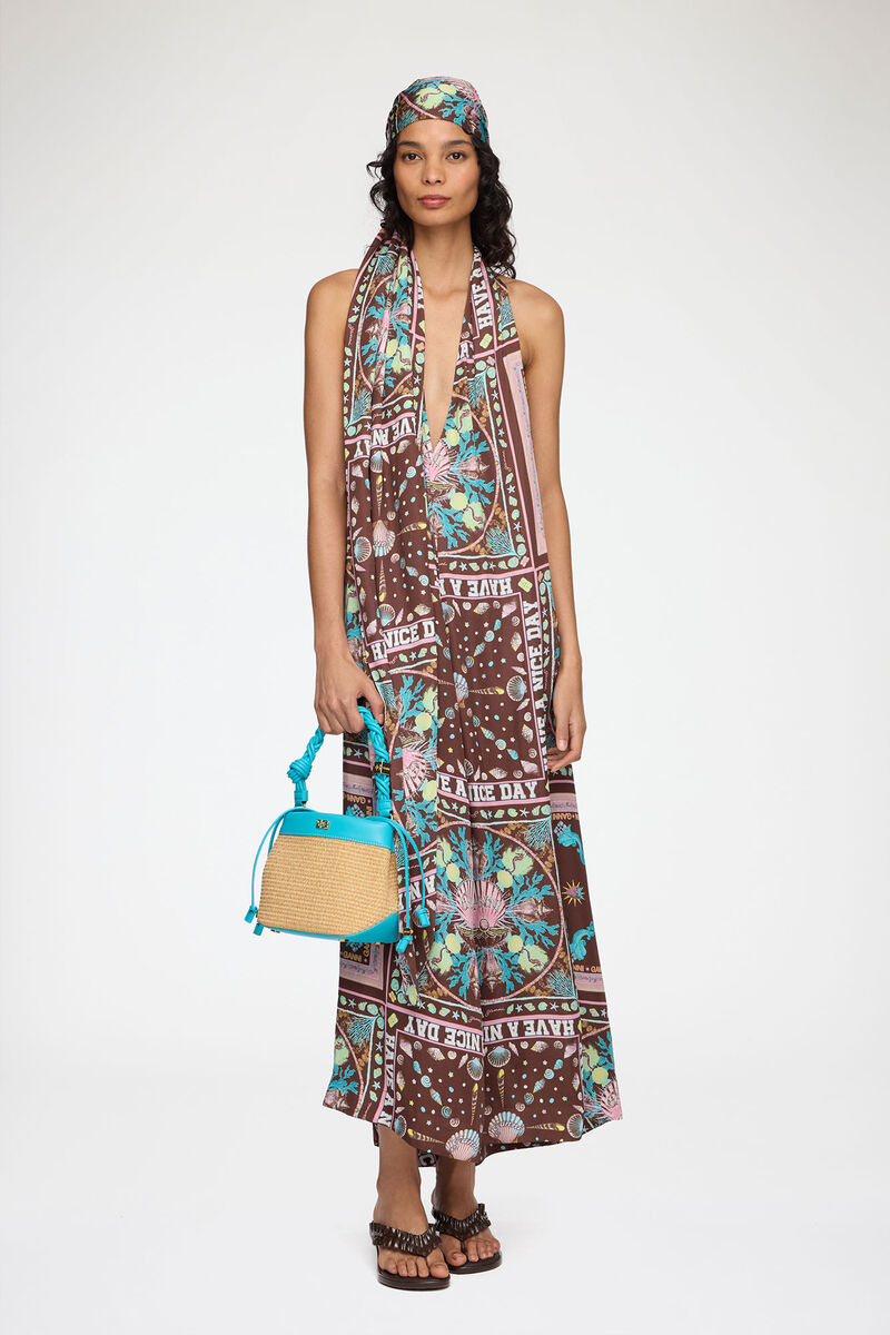プリンテッドツイル ドレス, Viscose, in colour Chicory Coffee - 4 - GANNI