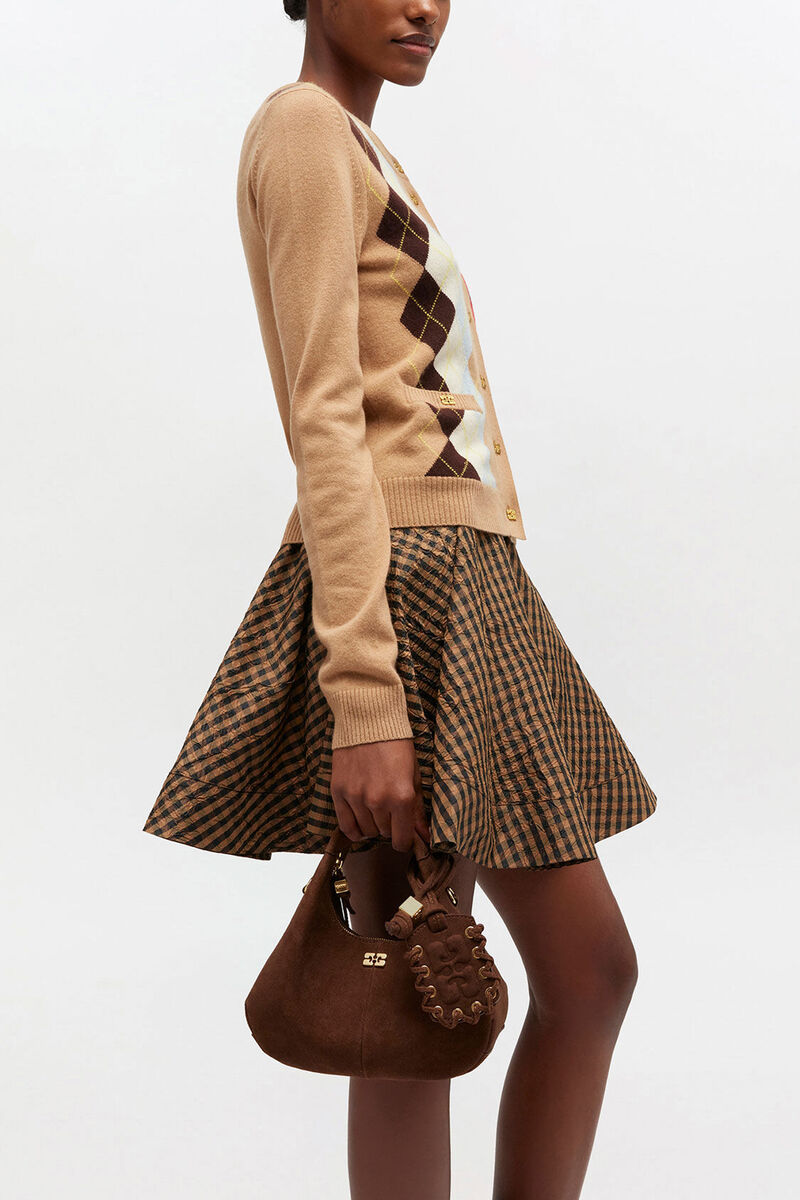 Brown Suede Mini Hobo Bag, Recycled Leather, in colour Chicory Coffee - 1 - GANNI