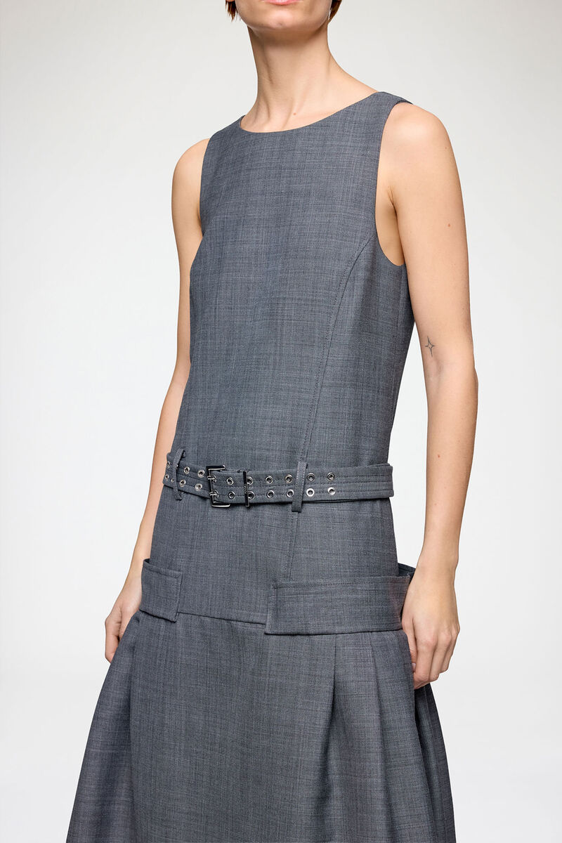 Dress in Grey Wool Melange, in colour Phantom - 3 - GANNI