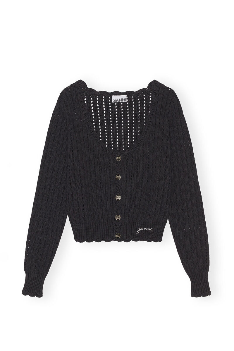 Lace Low O-neck Cardigan, Cotton, in colour Black - 1 - GANNI