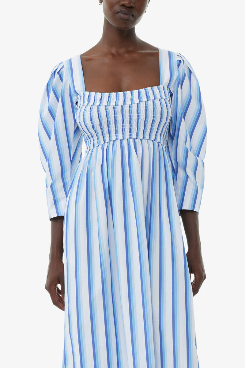Blue Striped Cotton Smock Long Dress, Organic Cotton, in colour Silver Lake Blue - 2 - GANNI