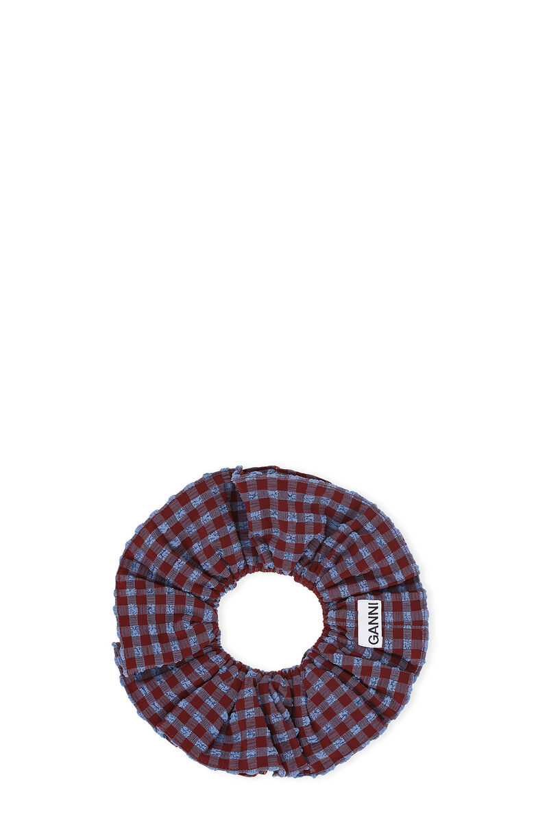 Checkered Seersucker Ruffle Scrunchie, Elastane, in colour Racing Red - 1 - GANNI