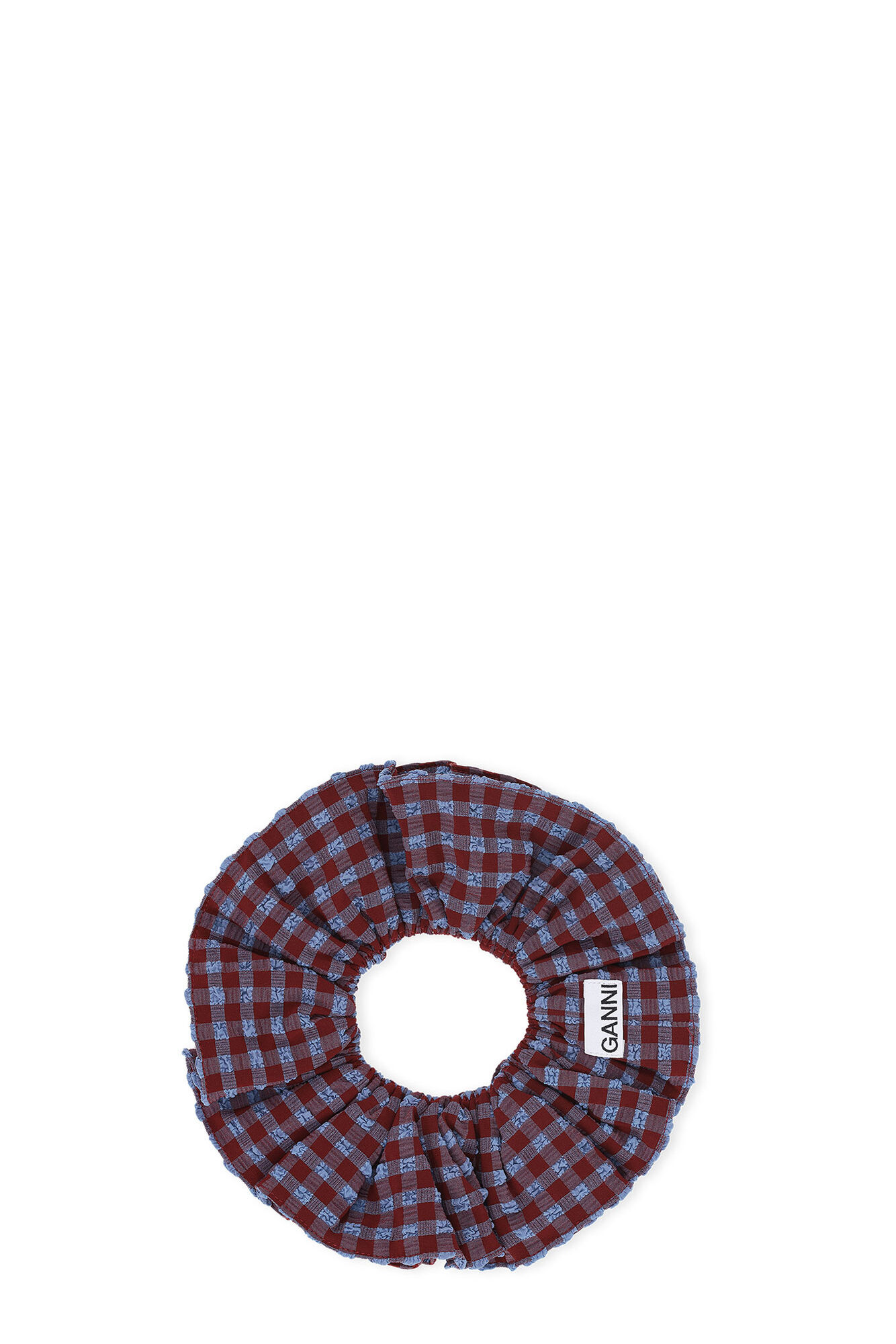 Checkered Seersucker Ruffle Scrunchie, Elastane, in colour Racing Red - 1 - GANNI