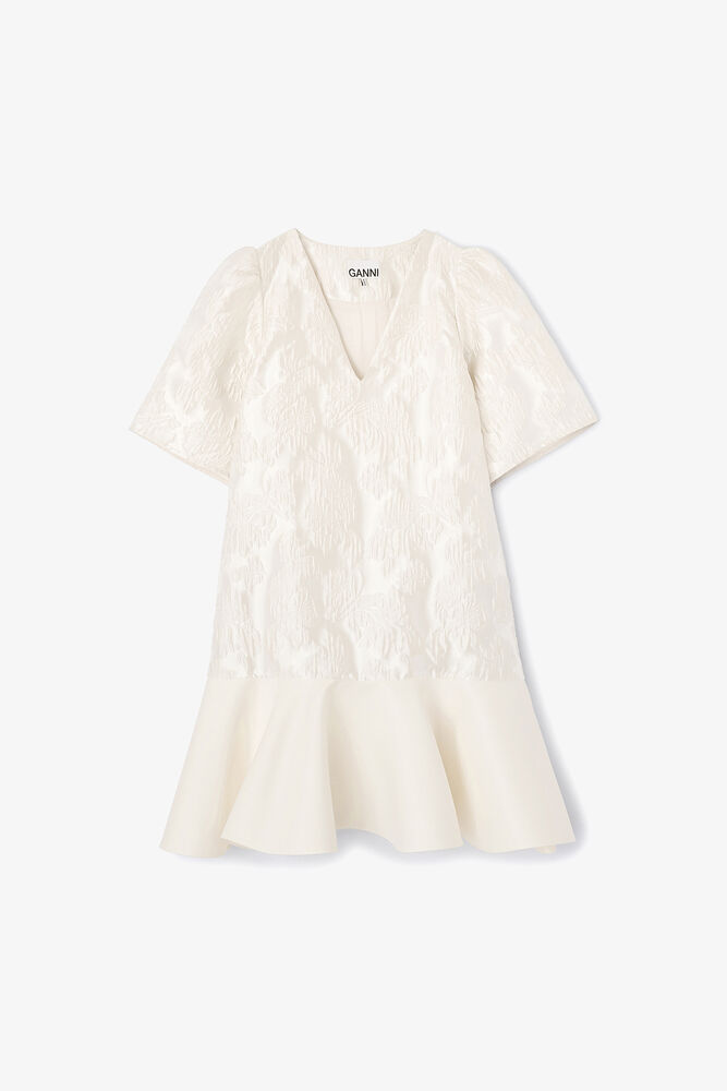 Satin Cloque Mini Dress, Egret