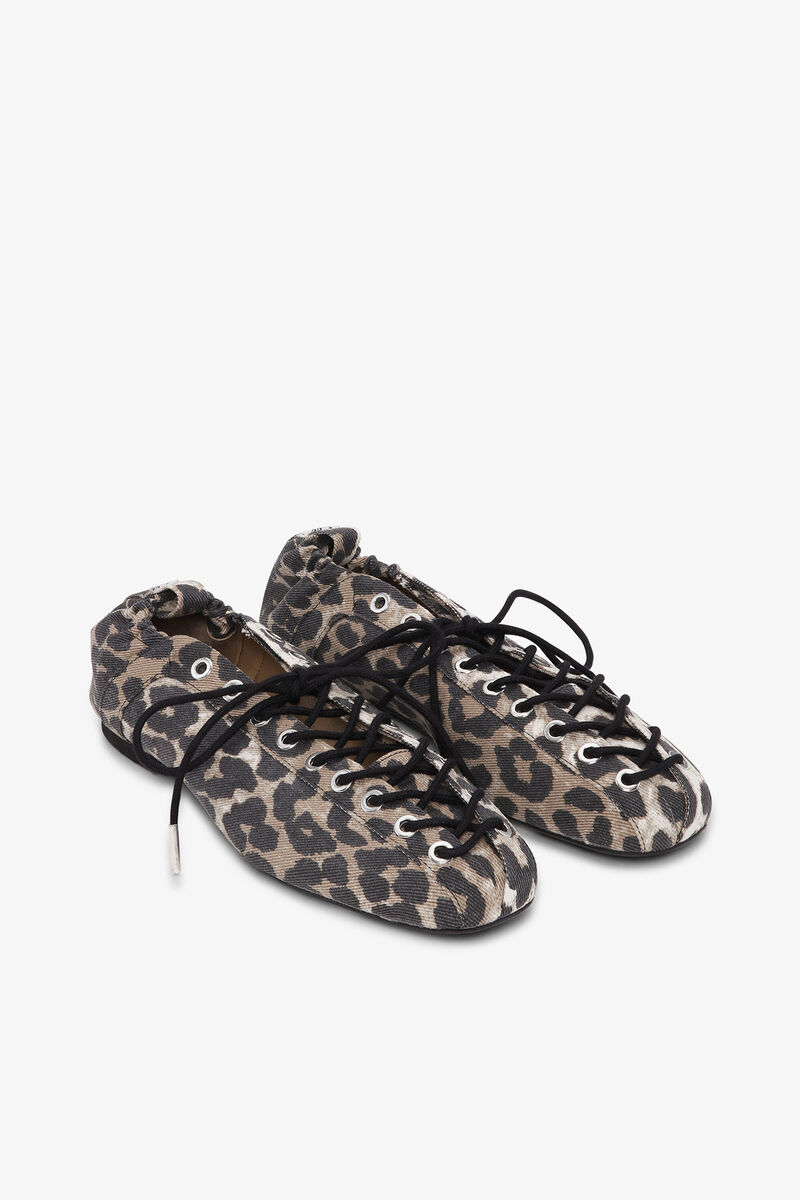 Lace-Up Ballerinas in Leopard Printed Denim, Organic Cotton, in colour Leopard - 2 - GANNI