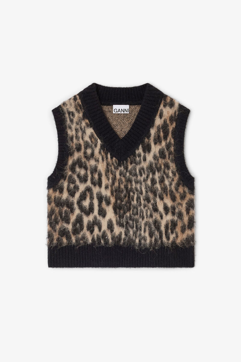 Leopard V-neck Vest, in colour Leopard - 1 - GANNI