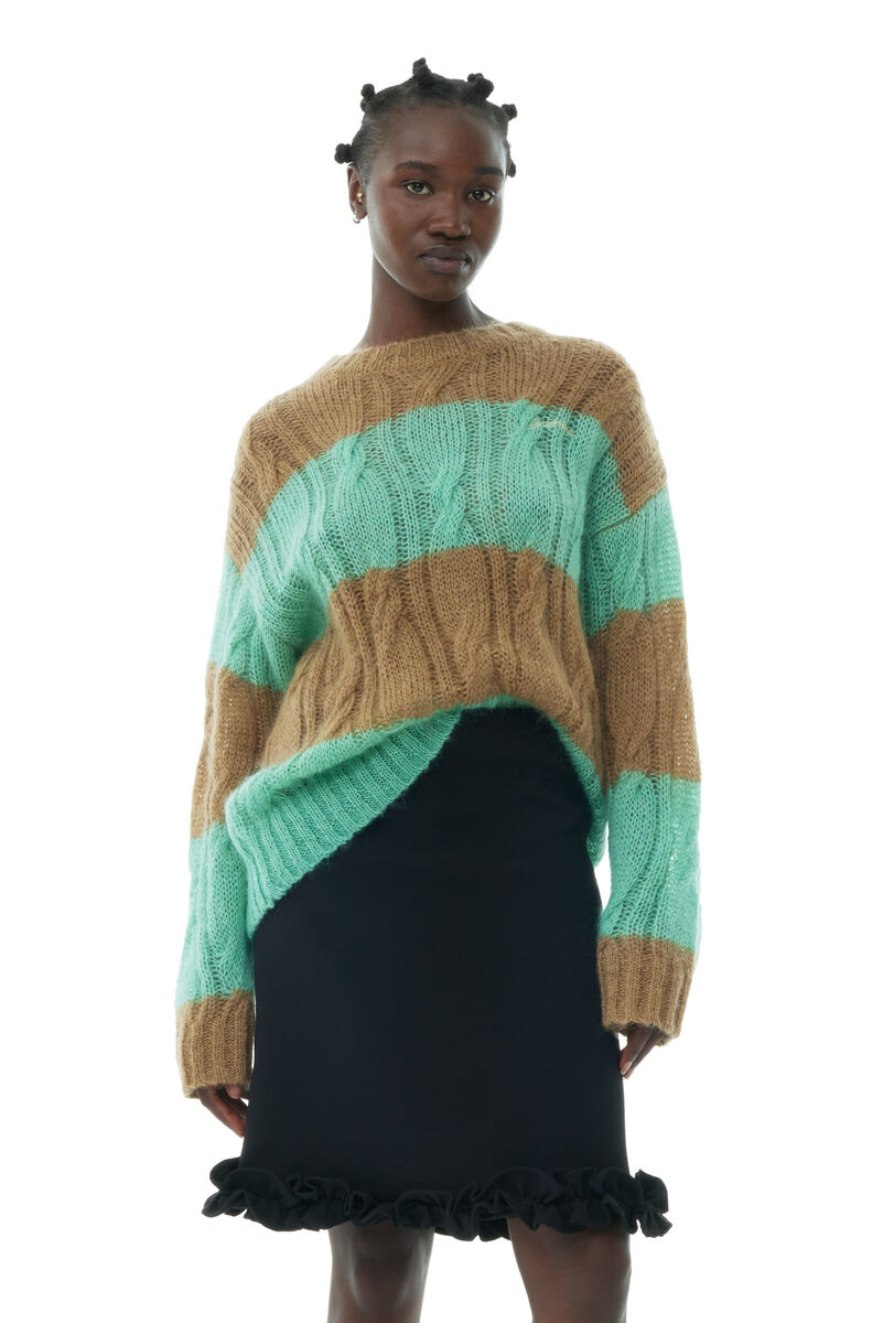 Striped Mohair Cable O-neck Sweater, Merino Wool, in colour Tiger's Eye - 1 - GANNI