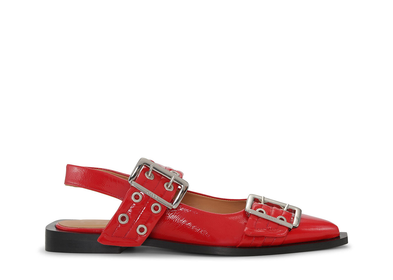 Red Wide Welt Buckle Ballerinas, Polyurethane, in colour Racing Red - 1 - GANNI