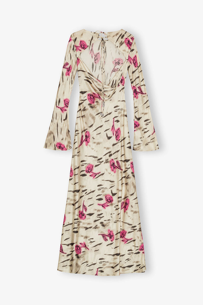 Floral Satin Maxi Dress, Viscose, in colour Egret - 2 - GANNI