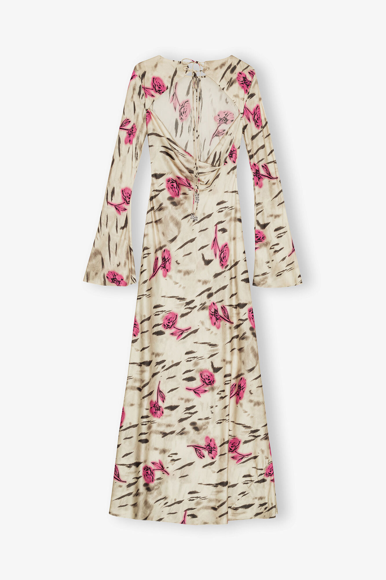 Floral Satin Maxi Dress, Viscose, in colour Egret - 2 - GANNI