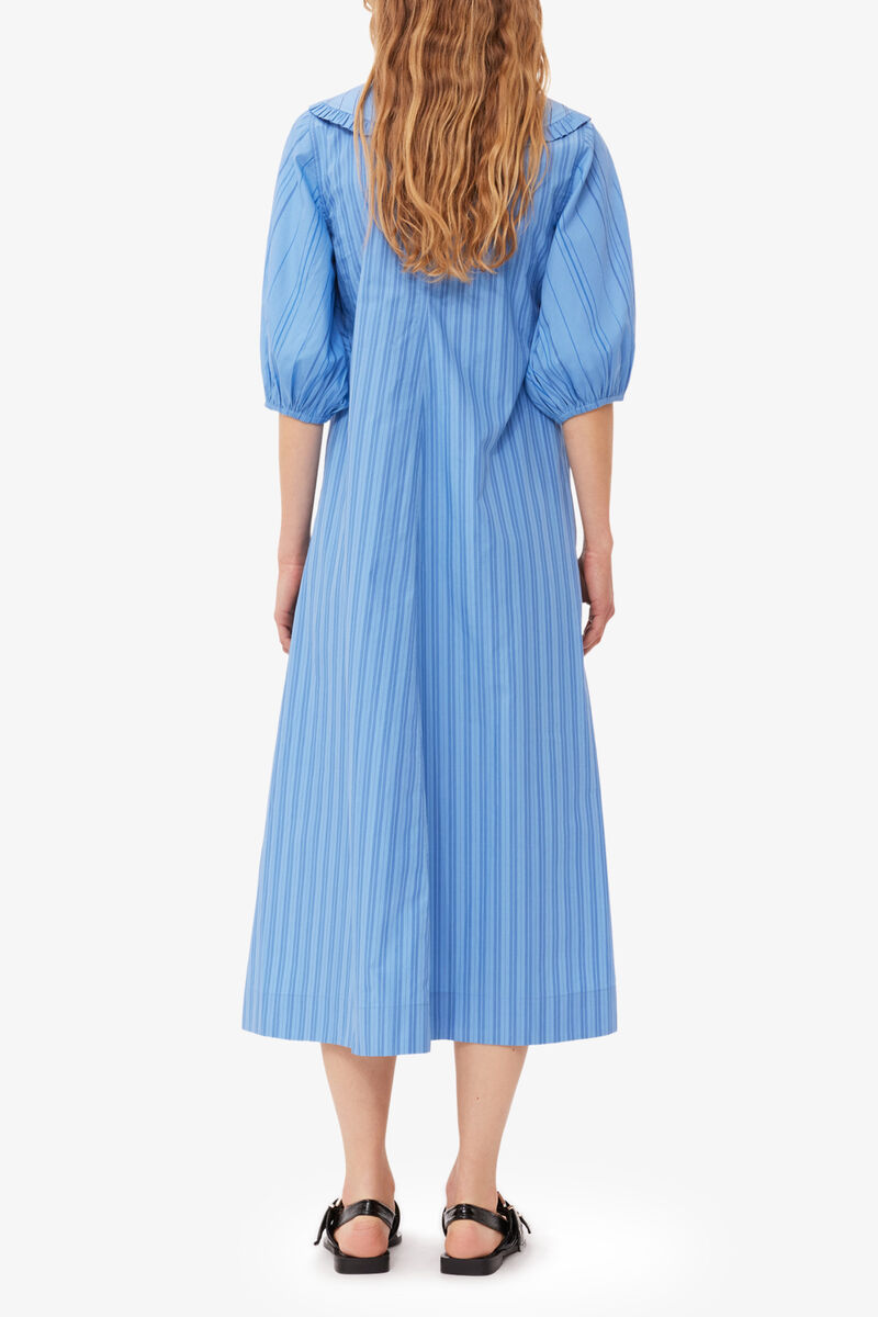 Re-cut Striped Cotton V-Neck Maxi Dress, Organic Cotton, in colour Silver Lake Blue - 2 - GANNI