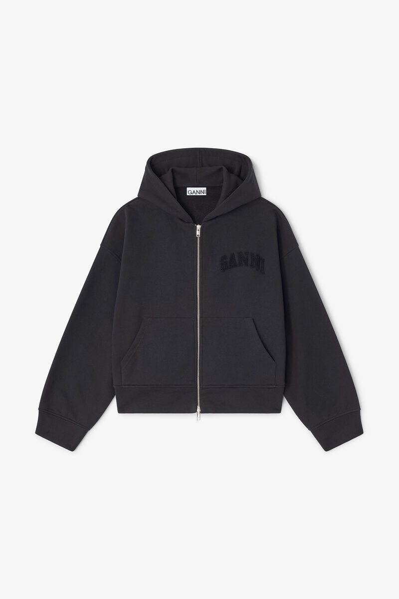 Black Two-way Zip Hoodie, Organic Cotton, in colour Black/Black - 1 - GANNI