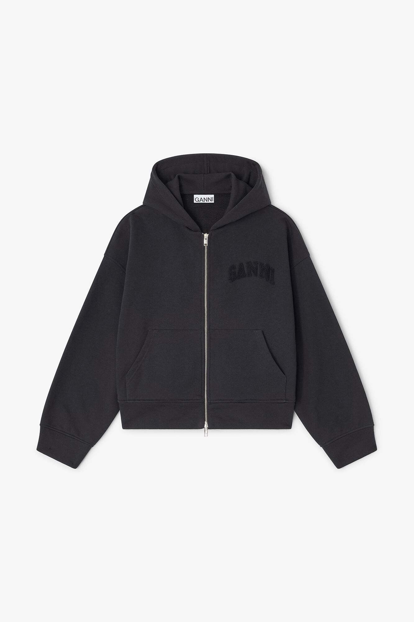 Black Two-way Zip Hoodie, Organic Cotton, in colour Black/Black - 1 - GANNI
