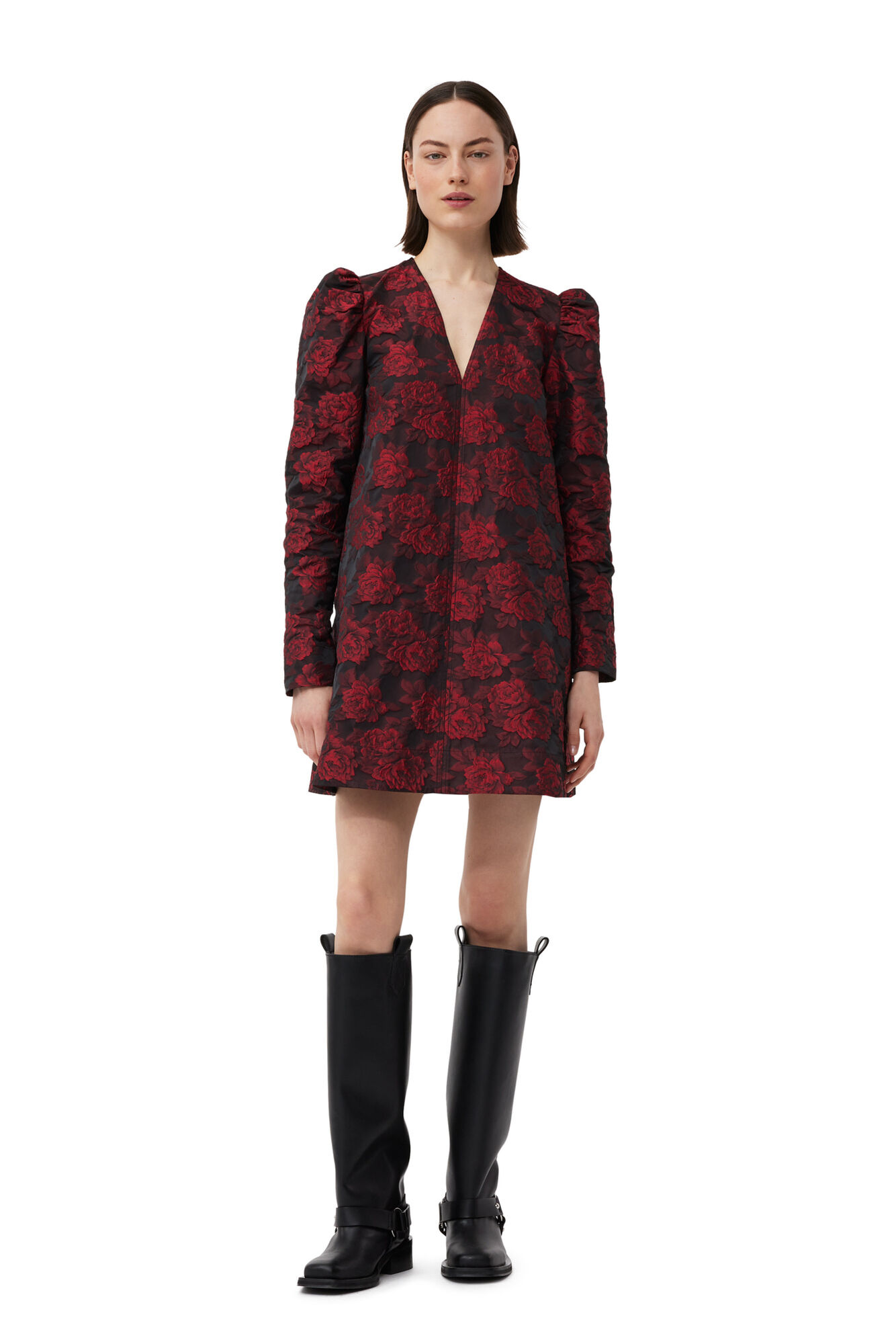 Ganni Red Botanical Jacquard Mini Dress