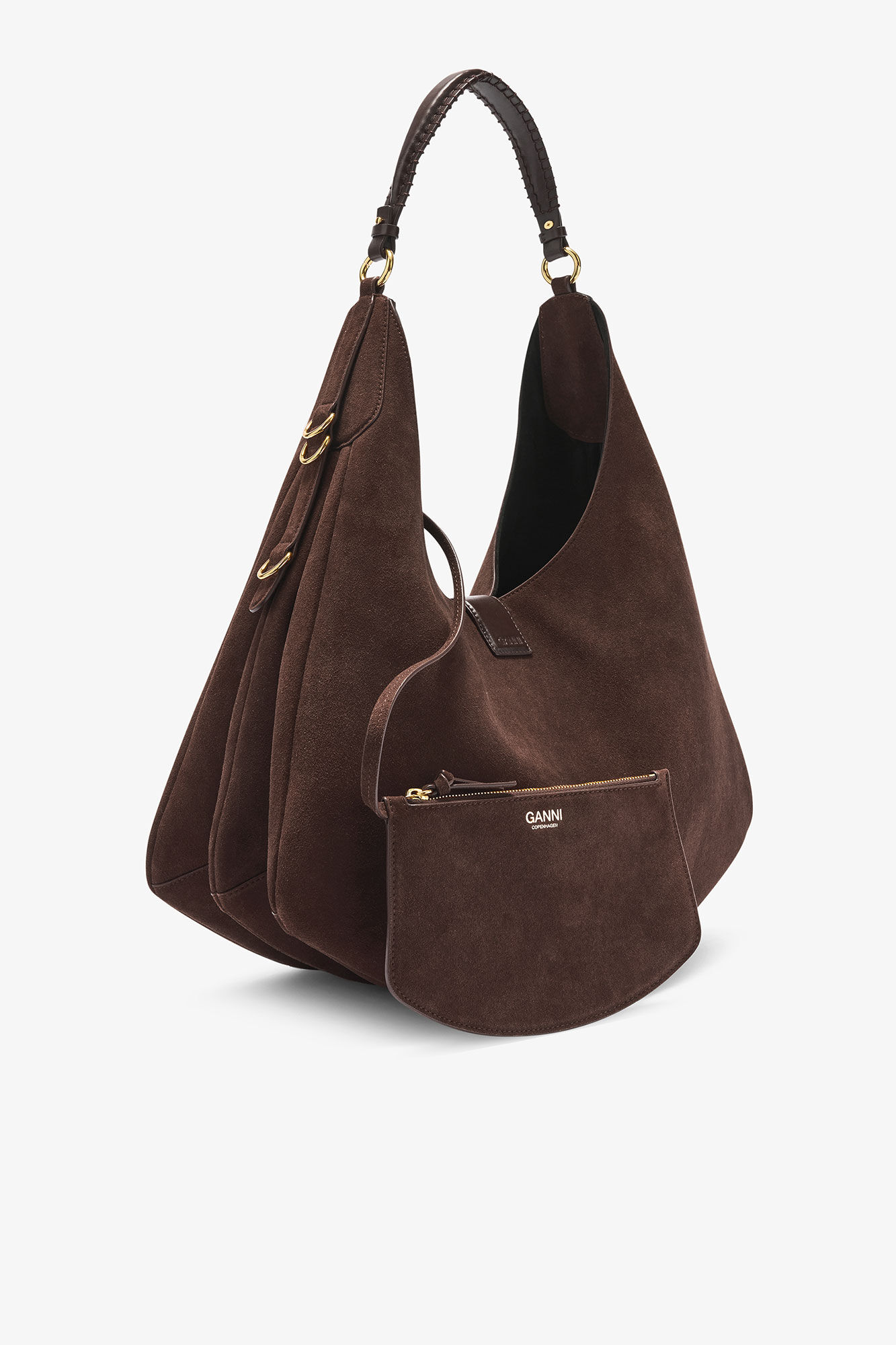 Brown Large Kat Bag in Suede, Recycled Leather, in colour Chicory Coffee - 2 - GANNI