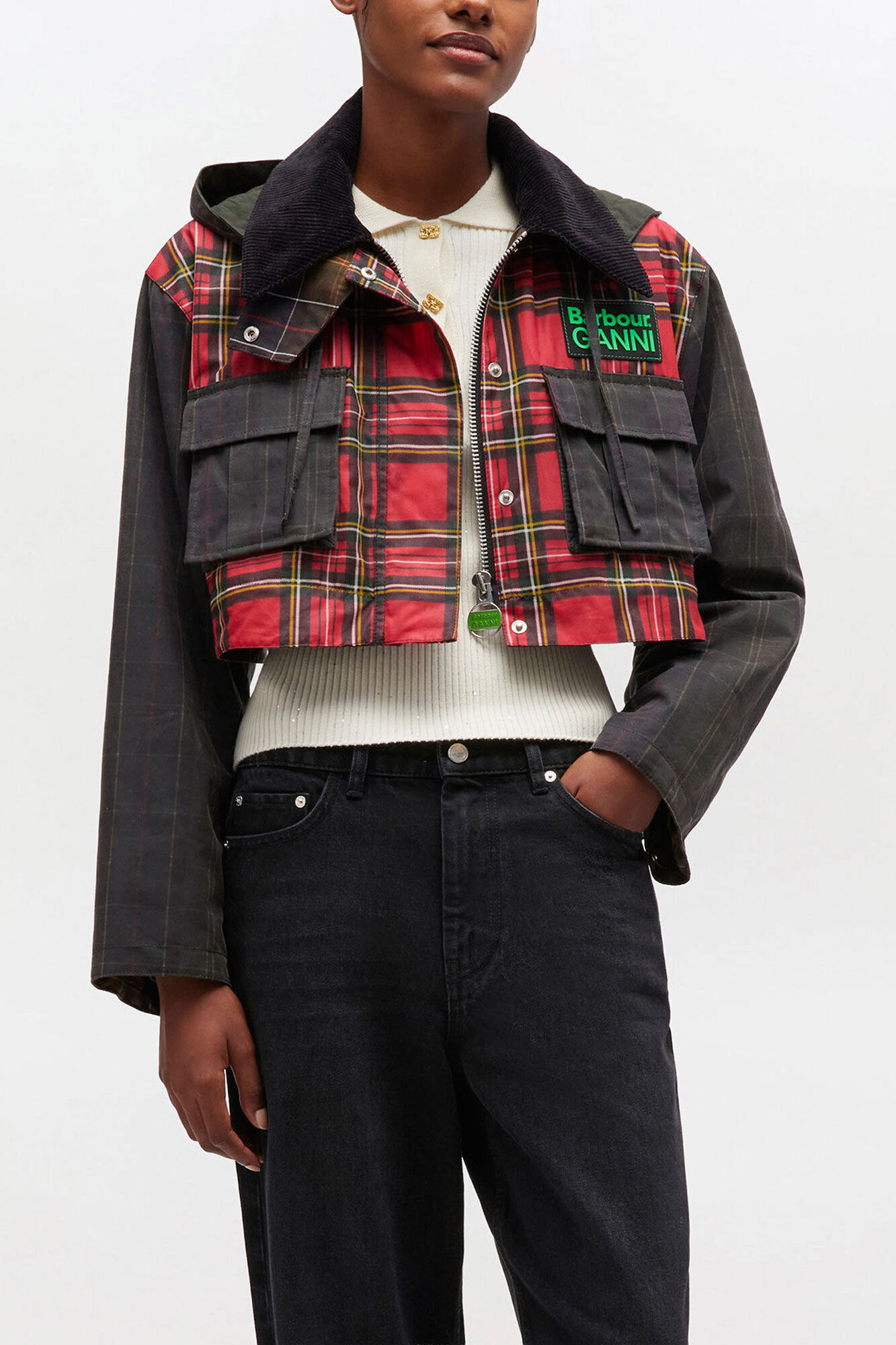 Wachsjacke mit Sch&ouml;&szlig;chen und Tartanmuster, Cotton, in colour Dark Green - 4 - GANNI