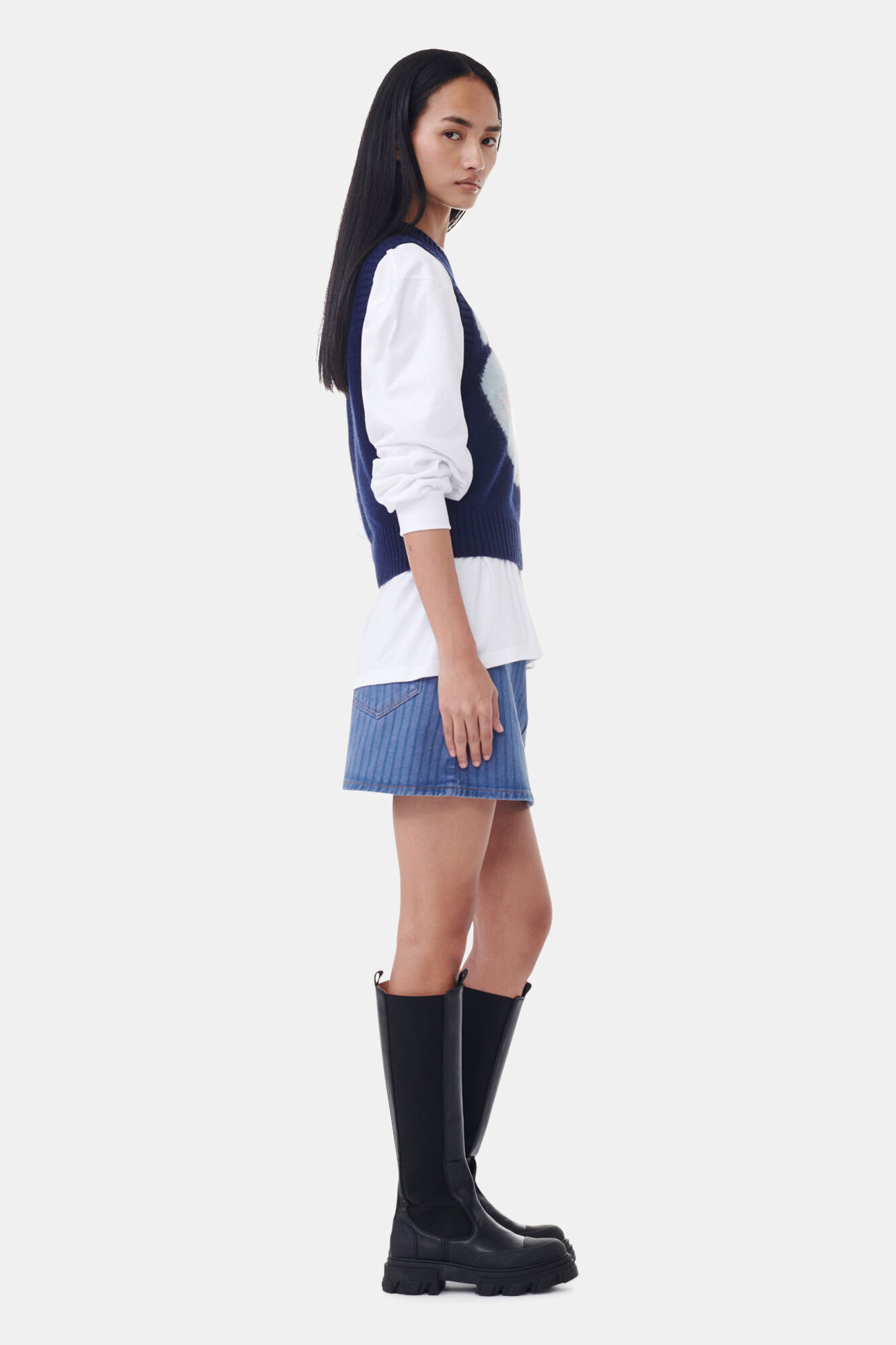 Navy Graphic Soft Wool Mix Vest, Alpaca, in colour Sky Captain - 3 - GANNI