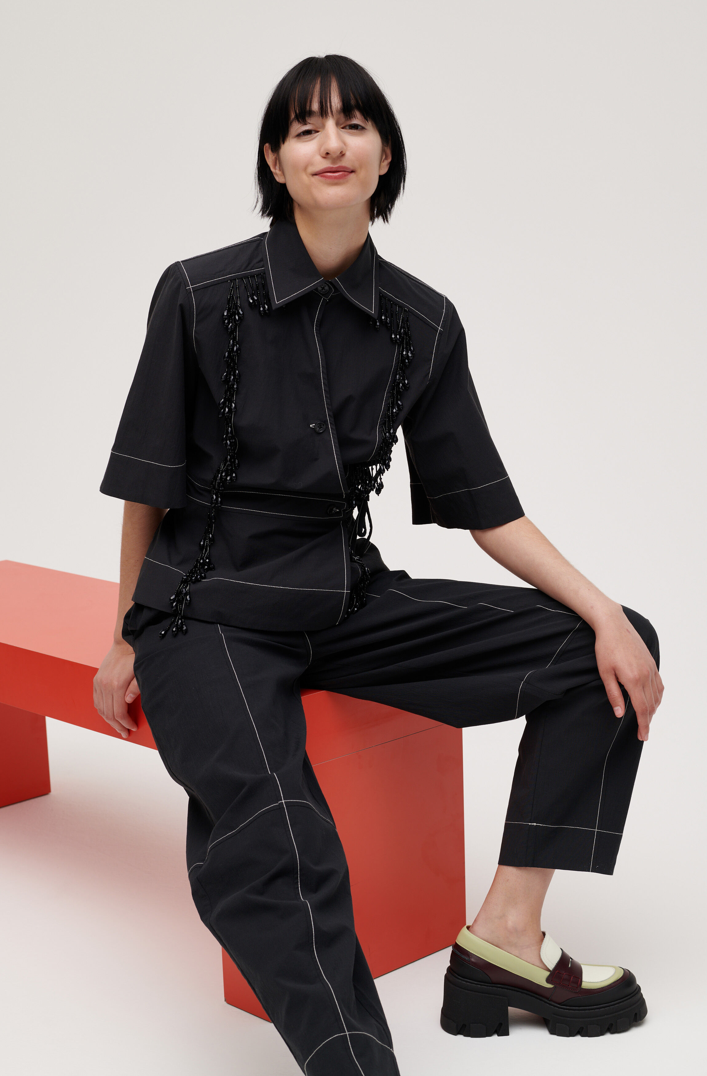 Black Cotton Crepe Wrap Shirt | GANNI US
