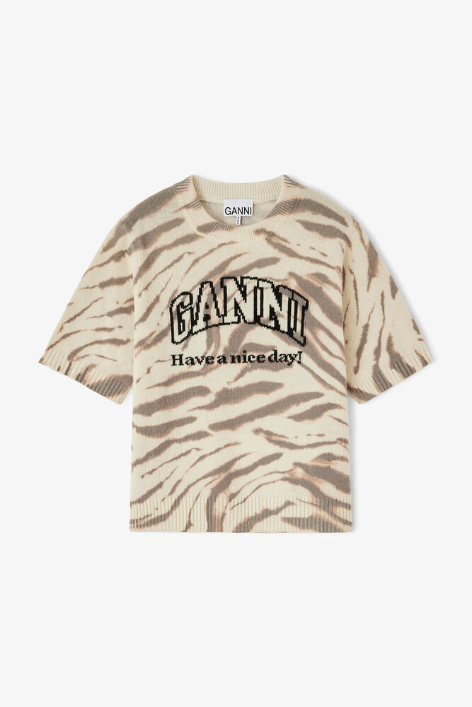 Short Sleeve Jumper in Graphic Wool, Egret
