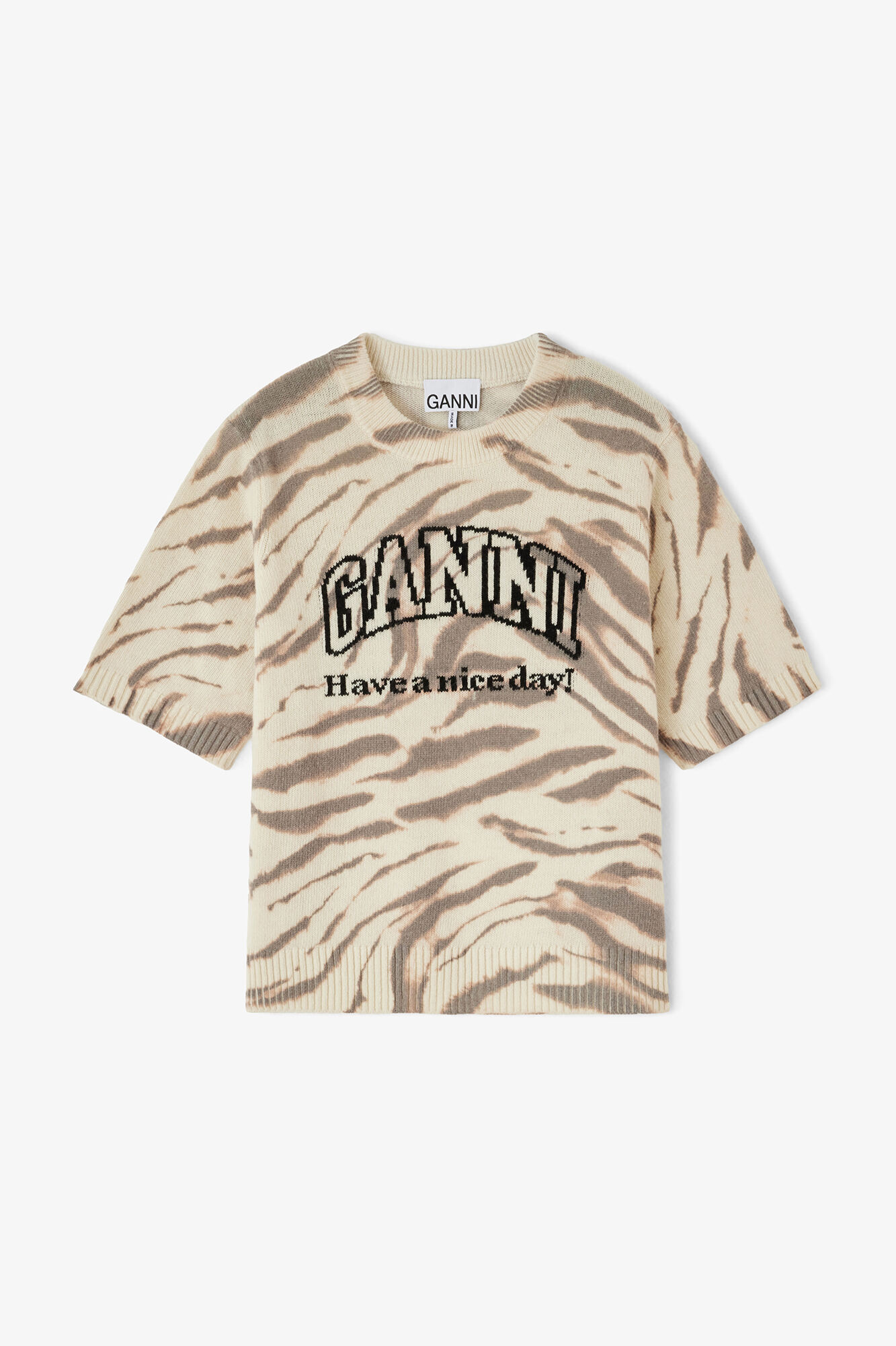 Short Sleeve Jumper in Graphic Wool, Wool, in colour Egret - 1 - GANNI