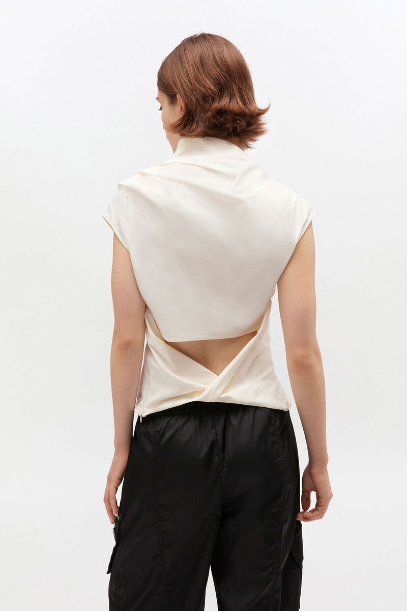 Ivory Ruched Top, Elastane, in colour Egret - 3 - GANNI