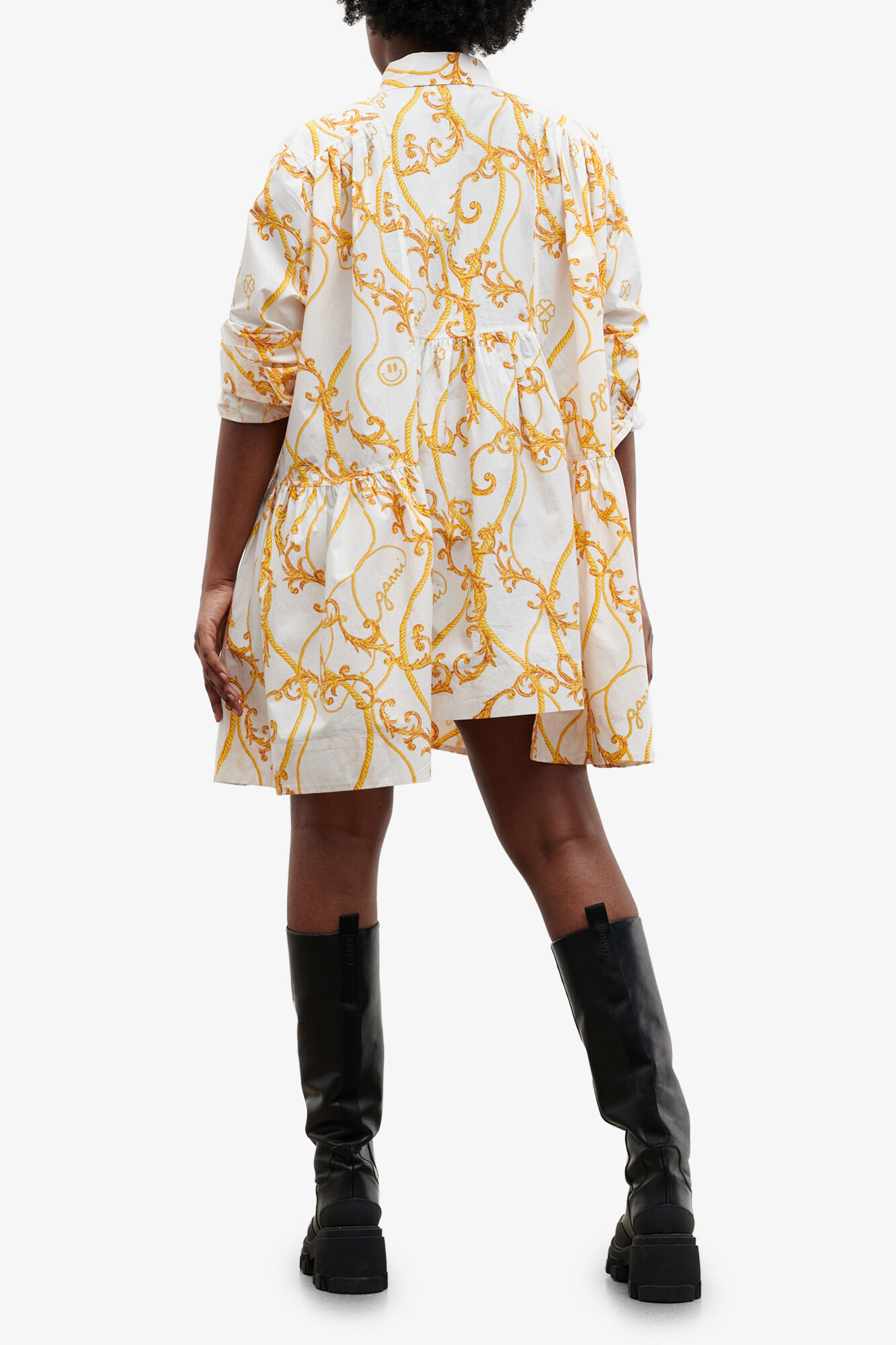 Printed Cotton Poplin Mini Shirt Dress, Cotton, in colour Egret - 2 - GANNI