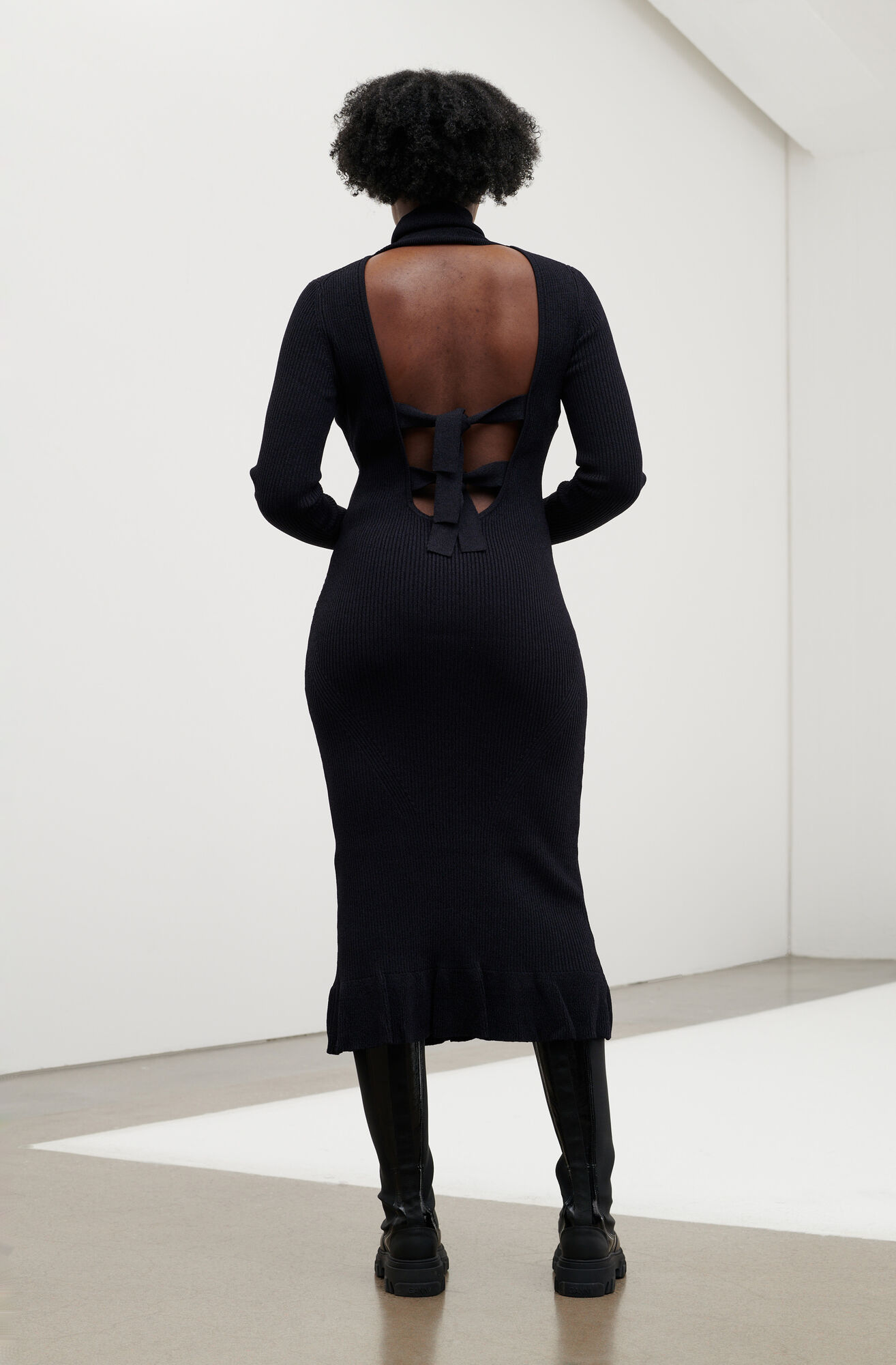 Melange Knit Open Back High Neck Dress, Elastane, in colour Dark Navy - 2 - GANNI