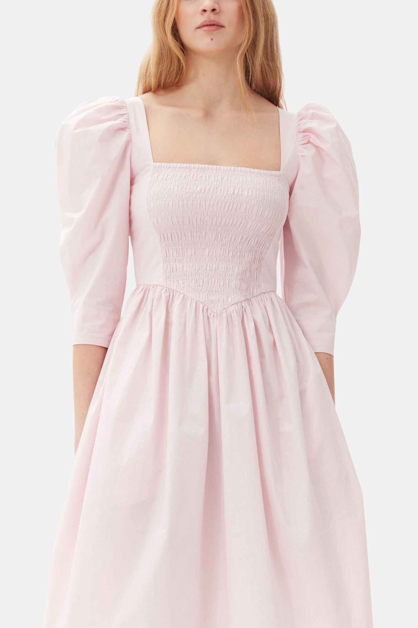 Pink Cotton Poplin Open Neck Smock Dress | GANNI US