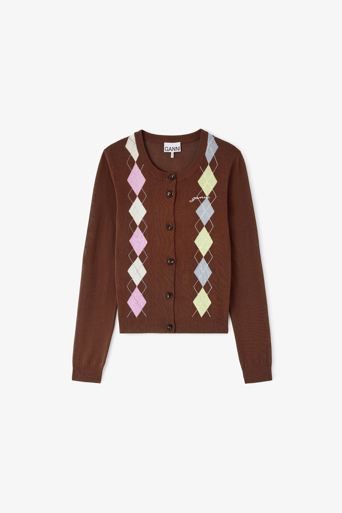Cardigan in Argyle, Organic Cotton, in colour Tiramisu - 1 - GANNI