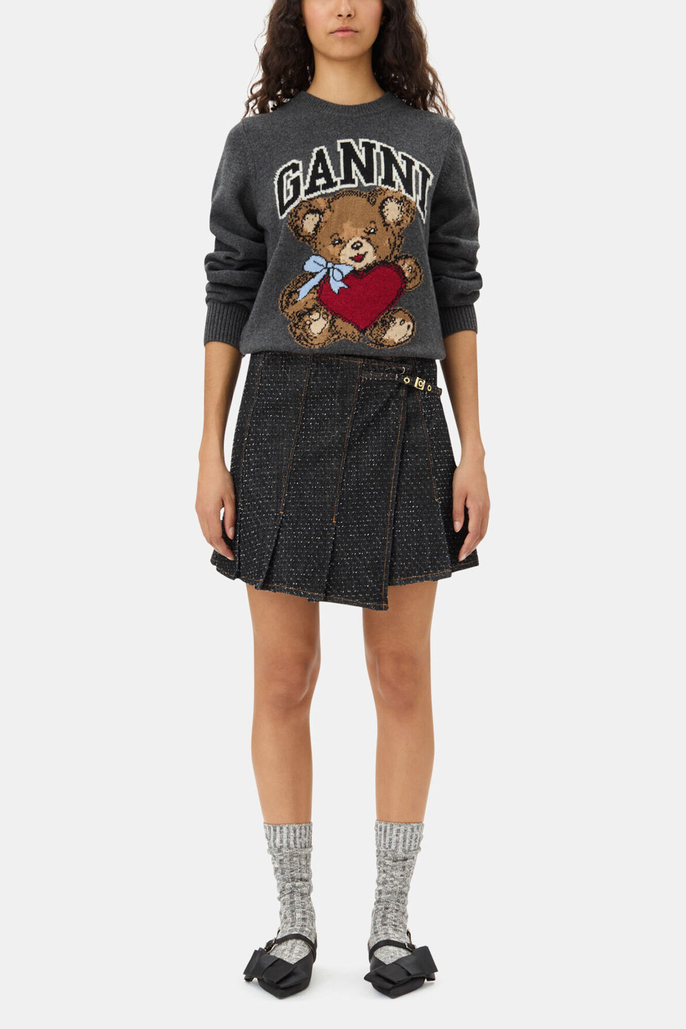 Dark Grey Graphic Bear Sweater, Wool, in colour Gray Quill - 2 - GANNI