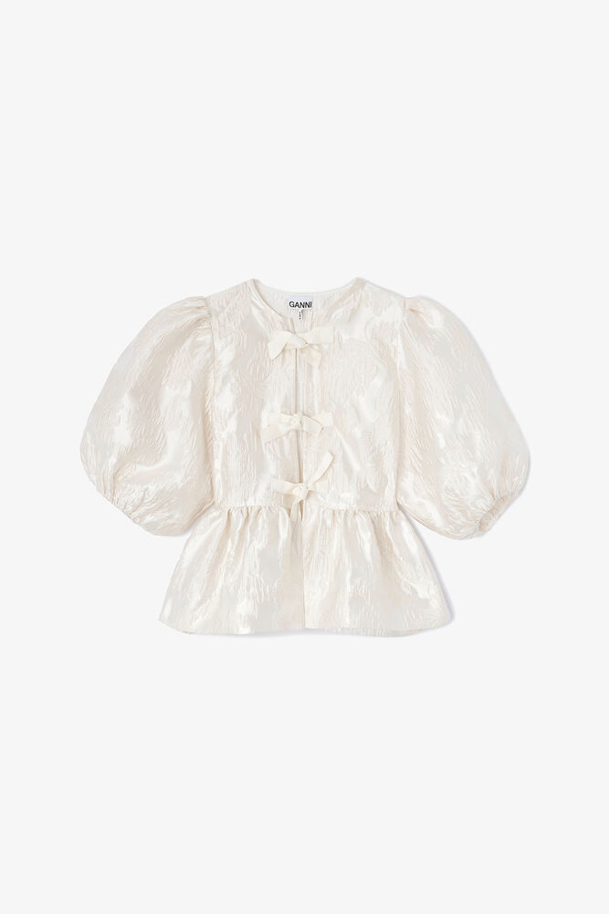 Satin Peplum Tie Blouse, Egret