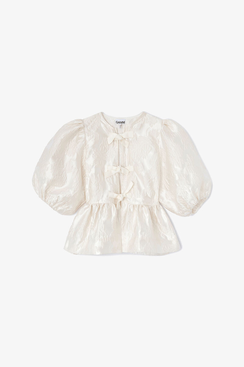 Satin Peplum Tie Blouse, Recycled Polyester, in colour Egret - 1 - GANNI