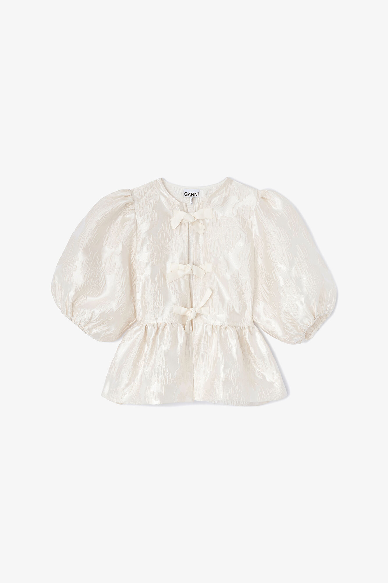 Satin Peplum Tie Blouse, Recycled Polyester, in colour Egret - 1 - GANNI