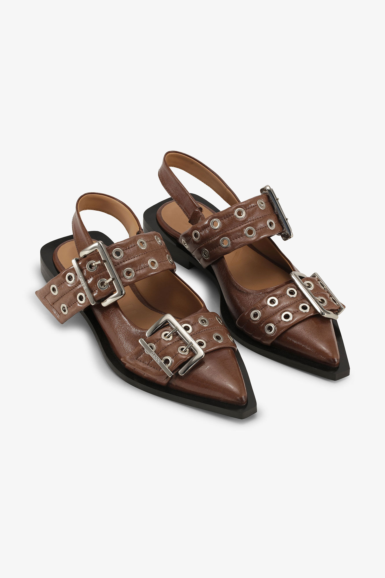 Brown Feminine Buckle Ballerinaer, Polyester, in colour Fossil - 2 - GANNI