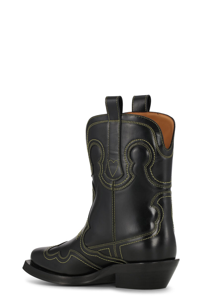 Black/Yellow Low Shaft Embroidered Western Boots, Calf Leather, in colour Black/Yellow - 2 - GANNI
