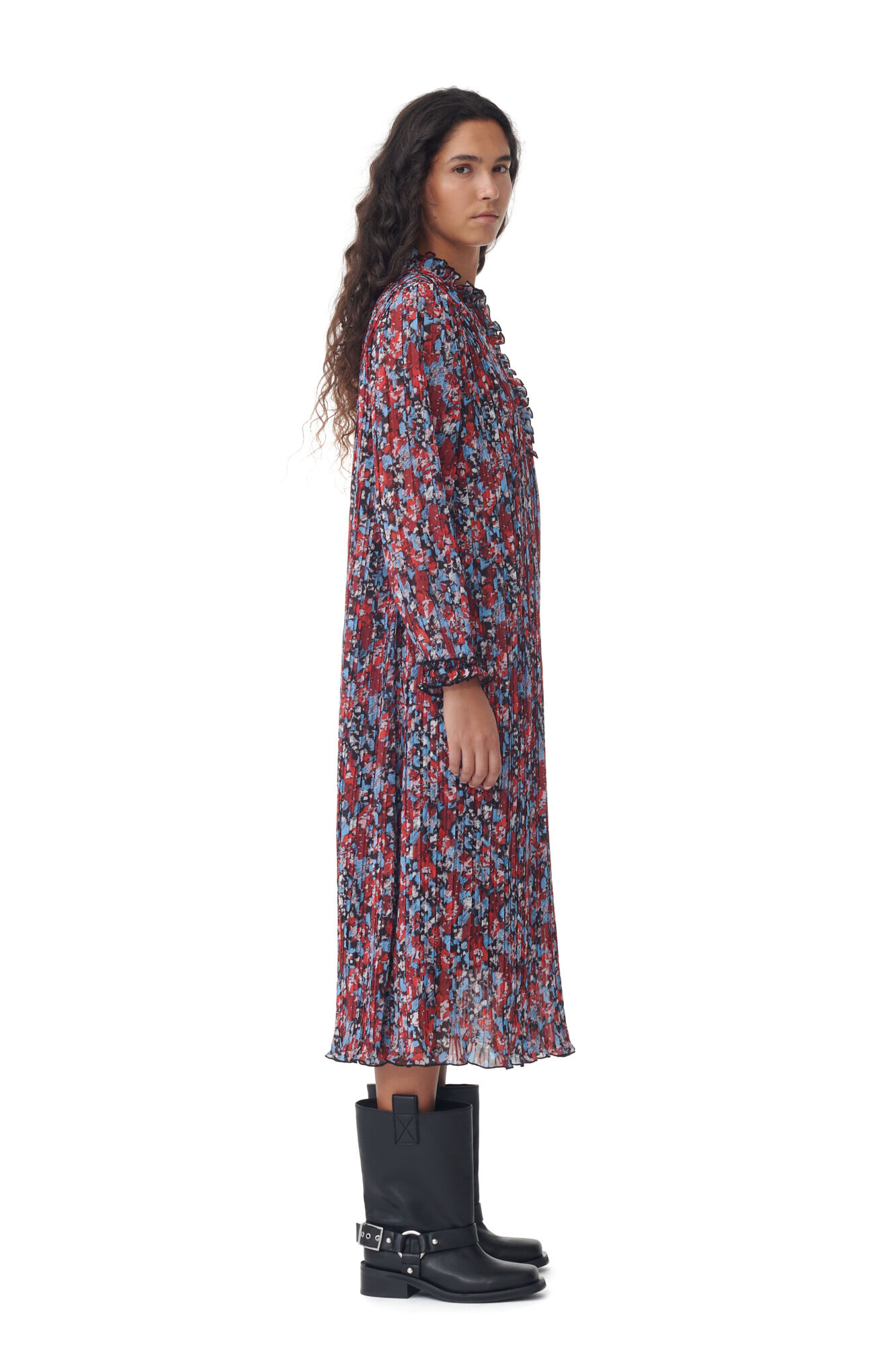 Red Pleated Georgette Midi Dress, Recycled Polyester, in colour High Risk Red - 3 - GANNI