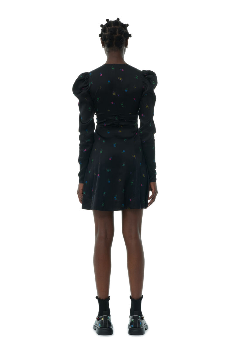 Floral Printed Satin Long Sleeve Mini Kleid, in colour Black - 4 - GANNI
